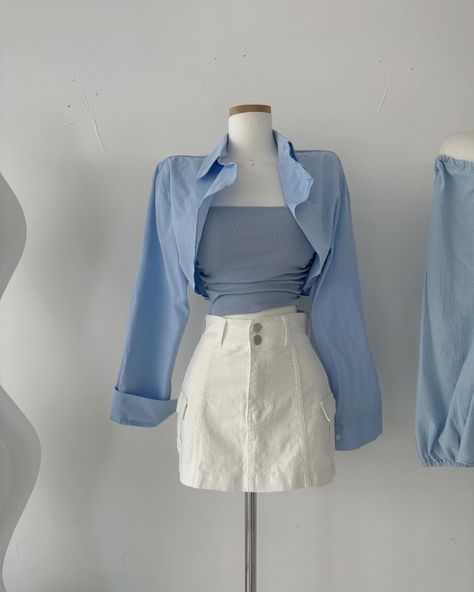 Korean Theme Outfit, Blue Top And Skirt Outfit, Blue And White Formal Outfit, Korean Inspired Outfits Casual, Cute Blue Outfits Korean, Korean Modern Outfits, Light Blue Formal Outfit, Pale Blue Outfit Aesthetic, Soft Blue Aesthetic Outfits