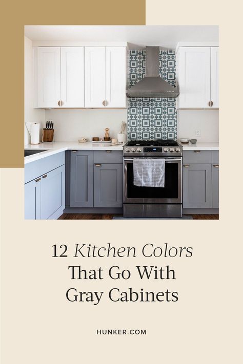 If you're anything like us, you're probably ready for some inspo. Scroll on for 12 wall colors that will look picture-perfect with gray cabinets. #hunkerhome #greycabinets #greykitchen #kitchenideas #kitchencabinetideas Wintucket Gray Cabinets Kitchen Lowes, Grey Cabinets In Kitchen, Colors That Go With Gray Cabinets, Kitchen With White And Gray Cabinets, Grey Kitchen Accent Colors, Light Grey Painted Kitchen Cabinets, Paint Color With Gray Cabinets, Gray Cabinet Wall Color Ideas, What Wall Color Goes With Gray Cabinets