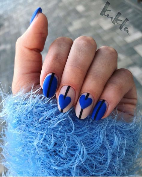 Blue Heart Negative Space Round Nails Nails And Health, Nails Heart Design, Nail Heart, Nails Space, Nails Round, Nails Heart, Negative Space Nails, Round Nails, Heart Problems