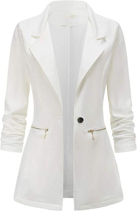 Work Blazer, Blazer Jackets For Women, Wide Leg Dress Pants, Elegante Casual, Womens Business Casual, Blazer Designs, Long Sleeve Blazers, White Jacket, Casual Work