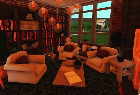 Bloxburg Library Room Ideas, Bloxburg Chill Room, Roblox Bloxburg Library Ideas, Library Room Bloxburg, Bloxburg Fireplace, Library Bloxburg, Bloxburg Library Ideas, Books Fireplace, Bloxburg Library