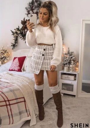 Button Front Wrap Tweed Skirt (Shein) Hoddies Outfits, Cute Christmas Outfits, Cute Skirt Outfits, Christmas Outfits Women, Shein Outfits, Looks Party, Christmas Outfits, Cute Winter Outfits, Fall Fits