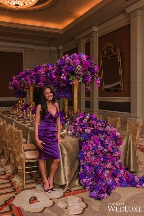 Karen Tran, Purple And Gold Wedding, Diy Event, Purple Party, Backdrop Ideas, Wedding Reception Decorations, Purple Wedding, Wedding Themes, Purple Floral