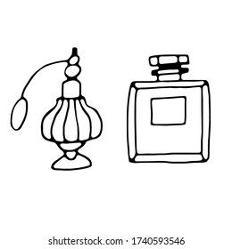 Set of doodle perfume bottle fashion related line icons. Hand drawn vector stock illustrations includes modern and vintage vial icons. Inked graphic, isolated on white background. Perfume Bottle Drawing, Perfume Drawing, Perfume Tattoo, Perfume Illustration, Doodle Diary, Bottle Drawing, Fashion Illustration Watercolor, Watercolor Fashion, Hand Drawn Vector