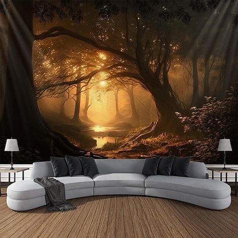 Forest Bedroom Artwork, Immersive Wall Art Living Room, Large Outdoor Wall Art Living Room, Nature Tapestry Bedroom, Wallpaper Murals Bedroom, Mountain Bedroom Decor, Treehouse Room, Forest Room Decor, Wall Tapestry Bedroom