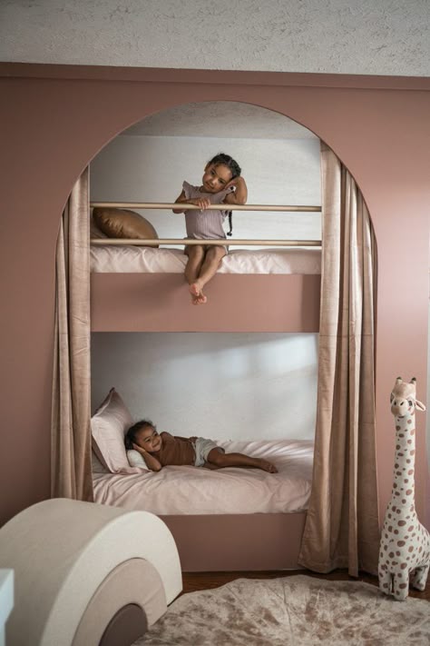 DIY ARCHED BUNK BED | Birthday Gift | HomeOfTheHarveys.com Built In Bunk Beds Arch, Arch Bunk Bed, Creative Bunk Beds, Hidden Bunk Beds, Upholstered Bunk Bed, Girls Room Bunk Bed, Kids Bedroom Bunk Beds, Kids Room Bunk Bed, Fun Bunk Beds