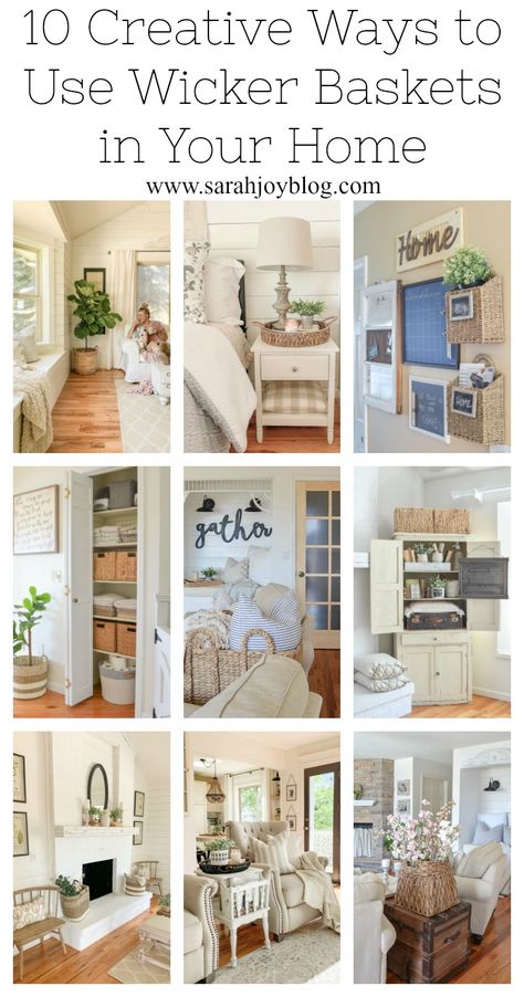 10 Creative Ways to Use Wicker Baskets in Your Home. Simple ideas for how to decorate with wicker baskets. Wall Wicker Basket Decor, Wicker Basket Decor, Basket Decor Ideas, Vintage Farmhouse Bathroom, Decorate With Baskets, Farmhouse Design Ideas, Mom Cave, Wall Decor Storage, Side Table Decor