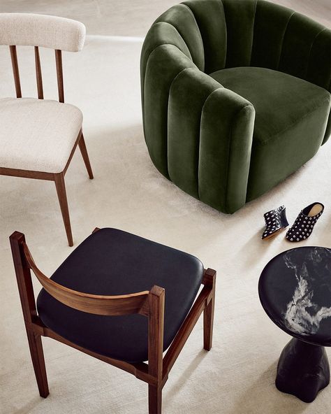 Not just chairs. Thanks to bold new hues, aniline leathers and handcrafted woods—they're the pieces that elevate everything. Green Velvet Swivel Chair, Cb2 Living Room, Velvet Swivel Chair, White Lounge Chair, Gianfranco Frattini, Black Leather Dining Chairs, Woven Dining Chairs, Velvet Lounge Chair, Red Oak Wood