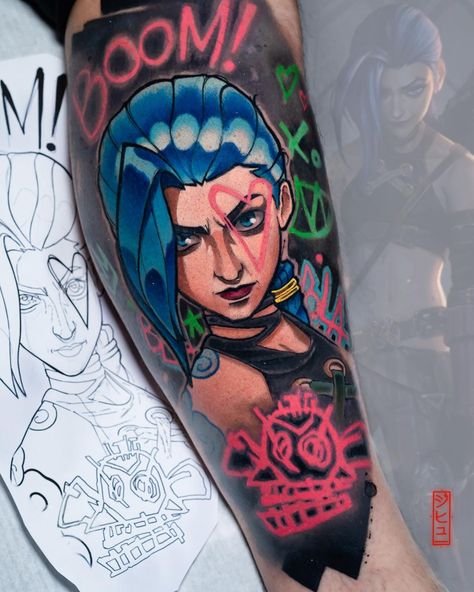 Adam Rzychu ⚯͛ ⚡️ ジヒュー　タトゥー on Instagram: “💕Jinx 💕 How do You guys like Arcane?? . . . Animation: Arcane . Done at @anatema_tattoo . . @emalla.official @neba.pl . . #arcane…” Arcane Animation, Emo Tattoos, World Tattoo, Art Party, Tattoo Images, Cool Tattoos, Portrait Tattoo, Tatting, Body Art