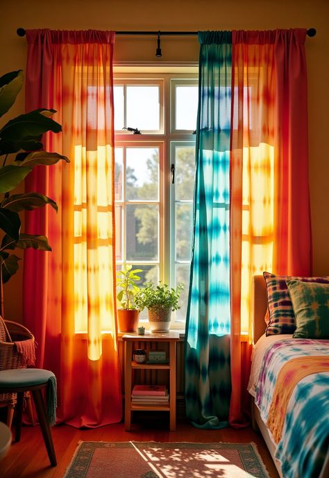 Boho Bedroom Curtains ideas Bohemian Bedroom Curtains, Boho Curtain Ideas For Living Room, Bright Boho Bedroom, Aesthetic Curtains, Statement Bedroom, Tie Dye Curtains, Bright Curtains, Dye Curtains, Vibe Bedroom