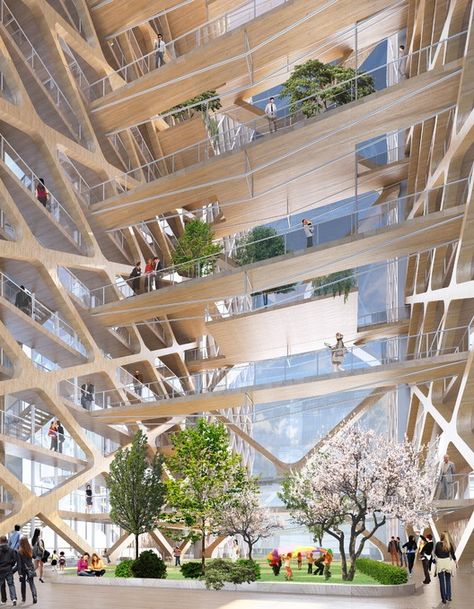 Atrium. Image Courtesy of River Beech Tower Timber Tower, Wooden Skyscraper, Mass Timber, Rendering Interior, World Architecture Festival, Timber Architecture, Future Buildings, Timber Buildings, Skyscraper Architecture