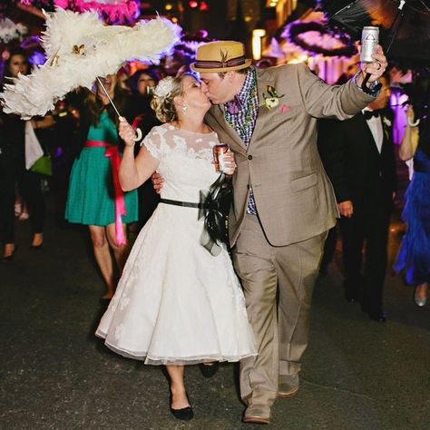 The couple participated in New Orleans' traditional second line parade between the ceremony and reception. Wedding Parade, Second Line Parade, Gowns Online Shopping, Wedding Gowns Online, Nola Wedding, Umbrella Wedding, Second Line, New Orleans Wedding, Wedding News