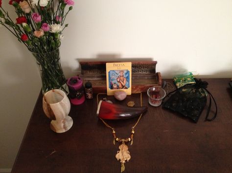 An altar dedicated to Freyja Mardöll Freyja Goddess Altar, Freyja Altar, Freya Altar, Norse Paganism, Libra Moon, Altar Ideas, Personal Altar, Witchy Aesthetic, A Work In Progress