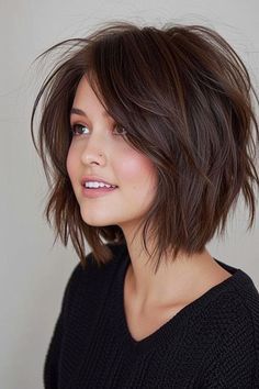 Chin Length Hair With Layers Choppy, Brown Hair Bob Medium, Medium Shaggy Bob With Bangs, Short Choppy Hairstyle Women, Choppy Short Bob, Asymetrical Bobs Medium, Bob Shag Haircut, Choppy Inverted Bob, Bob With Face Framing Layers