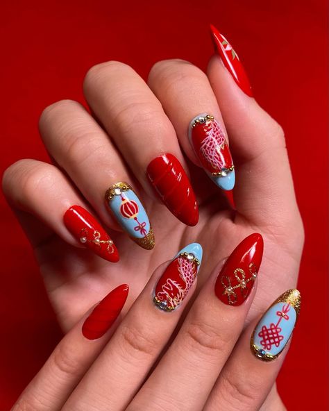 Lunar New Year nails 🧧🏮 —— #nailart #nails #lunarnewyear #chinesenewyear #nailinspo Simple Chinese New Year Nails, Nails Chinese New Year, Chinese New Year Nail Art, Chinese Nail Art, Chinese New Year Nails, Lunar New Year Nails, New Year Nails, Year Nails, New Years Nail Art