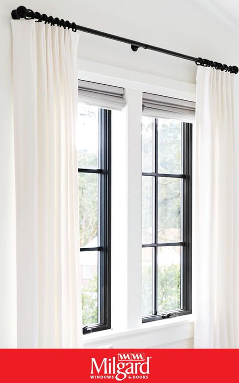 Bedroom window ideas. Black window frames can be a great contrast for white or off-white walls and curtains. The addition of the colonial grids offers a sophisticated look. Choose black window frames for your next home project. Featuring: Ultra™ Series Casement Windows. #Homedecorideas #trendingwindows #bedroomwindowideas #windowideas #casementwindowideas Bedroom Window Ideas, White Curtains Bedroom, Black Window Trims, Black Window Frames, Window Curtains Bedroom, Off White Walls, Black Window, Window Treatments Bedroom, Window Ideas