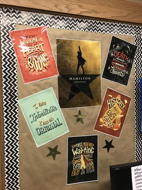 Call Board Ideas Theatre, Drama Classroom Bulletin Boards, Theatre Bulletin Board Ideas, Hamilton Bulletin Board, Theatre Classroom Decor, Hamilton Classroom Decor, Hamilton Classroom, Hamilton Decor, History Teacher Classroom