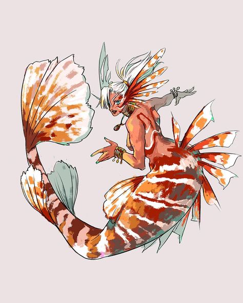 Lionfish Mermaid 🦁⠀ ⠀ -Day 4 of Mermay-⠀ Another beautiful fish....but deadly!☠️⠀ The look of lionfish always remind me of fearless warriors and fighters (they’re poisonous, and also considered as invasive species.) So I gave her a more buff body type! I love drawing muscles but I also need to do more studies on it! :o⠀ I used reference for the pose, it turned out really fun to experiment with mermaid anatomy! I first thought it’s going to be difficult but I think I’m already more familiar with Water Character Concept Art, Cool Mermaid Designs, Shark Mermaid Character Design, Peacock Tail Drawing, Lionfish Character Design, Lionfish Drawing, Lion Fish Mermaid, Lionfish Art, Whale Character Design