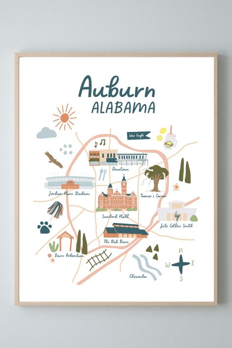 Auburn, Alabama illustrated city map Alabama Map, Auburn Alabama, Tiger Art, Neutral Prints, Auburn Tigers, Illustrated Map, Red Barn, City Maps, City Map