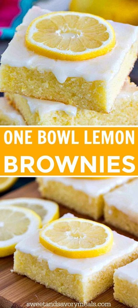 One Bowl Lemon Brownies are so buttery and full of fresh lemon flavor. They are easy to make with fresh lemon juice, lemon zest and topped with lemon glaze. #lemon #brownies #desserts #dessertrecipe #easyrecipe #sweetandsavorymeals Fresh Lemon Recipes, Lemon Brownies, Lemon Drink, Lemon Dessert Recipes, Dessert Simple, Dessert Aux Fruits, Lemon Glaze, Lemon Flavor, Lemon Desserts