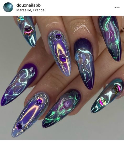 Vkei Nails, Complex Nail Art, Futuristic Nails, Alien Nails, Rave Nails, Chameleon Nails, Graduation Nails, Drip Nails, Classy Acrylic Nails