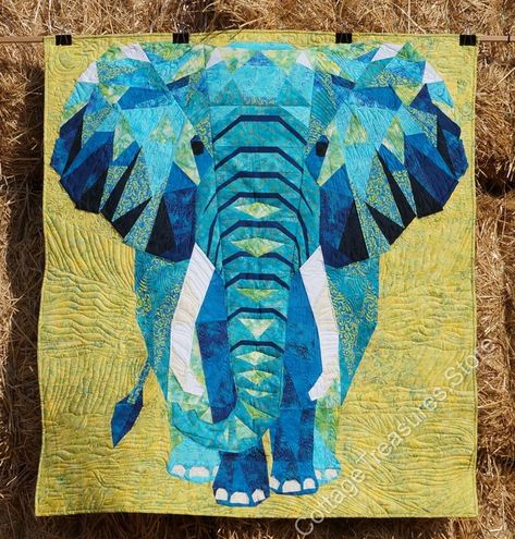 Blue Elephant Abstraction Quilt Violet Craft. Quilted by Cottage Treasures Quilting Craft Elephant, Elephant Quilts Pattern, Violet Craft, Elephant Quilt, Fabric Kit, Animal Quilts, Blue Elephant, Elephant Pattern, Elephant Art