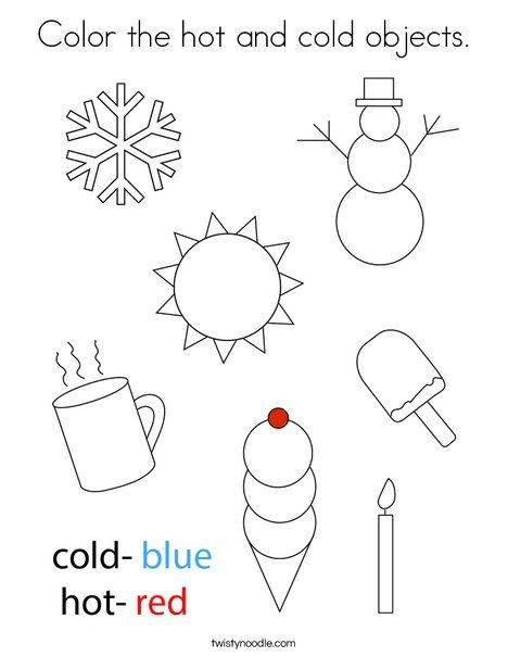 Color the hot and cold objects Coloring Page - Twisty Noodle Hot And Cold Activities Preschool, January Preschool Worksheets, Opposites Preschool, Coloring Worksheets For Kindergarten, Color Worksheet, Warm And Cold Colours, Senses Preschool, Weather Worksheets, Twisty Noodle