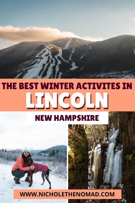 The best things to do in Lincoln NH in winter! Lincoln is a beautiful mountain town in the White Mountains in New Hampshire and is one of the best places in the state for a winter getaway! There are endless winter activities in Lincoln for the entire family, including skiing, ice castles, snowshoeing, and ice skating. This guide has everything you need to know about the best things to do in Lincoln NH in winter! Lincoln New Hampshire, United States Photography, Hiking Photography, Ice Castles, Adventure Guide, Winter Getaway, White Mountains, Mountain Town, Cross Country Skiing