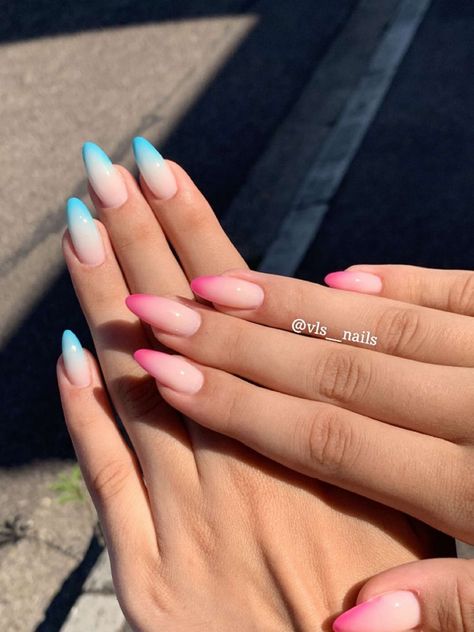 Light Blue And Pink Nails Acrylic, Pink Blue Nails Ombre, Pink Blue Ombré Nails, Blue And Pink Ombre Acrylic Nails, Nail Ideas Pink Ombre, Pink Blue Glitter Nails, Pink And Blue Tip Nails, Nails Inspiration Blue And Pink, Ombre Nails Blue And Pink