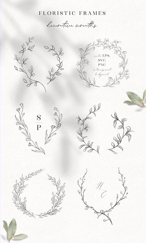 Line Drawn Floral Wreaths, Sprigs by Olya.Creative on @creativemarket Line Drawing Floral, Ad Drawing, Wreaths Design, Photography Cameras, Wreath Clip Art, Drawing Floral, Botanical Line Drawing, Wreath Illustration, Illustration Simple