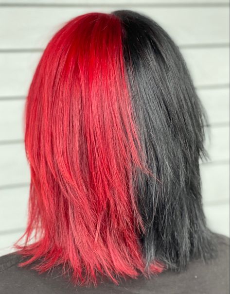 Half red half black hair #hair#spring#splithairideas#splithair #halfandhalfhair#halfandhalf Split Hair Color Red And Black, Cool Red And Black Hair, Red And Black Half And Half Hair, Half Red And Half Black Hair, Half Red Hair Half Black, Black And Red Split Dye Short Hair, Half Black Half Red Hair Short, Black And Red Hair Half, Red And Brown Hair Split