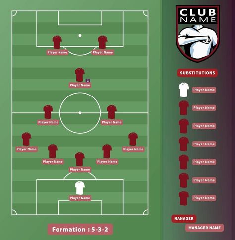 Soccer Lineups, Football Players 5-3-2 variation Formation Scheme On a soccer field Illustration. Field Illustration, Search Video, Football Logo, Logo Banners, Cityscape Photos, Business Travel, Football Players, Premium Vector, Food Animals