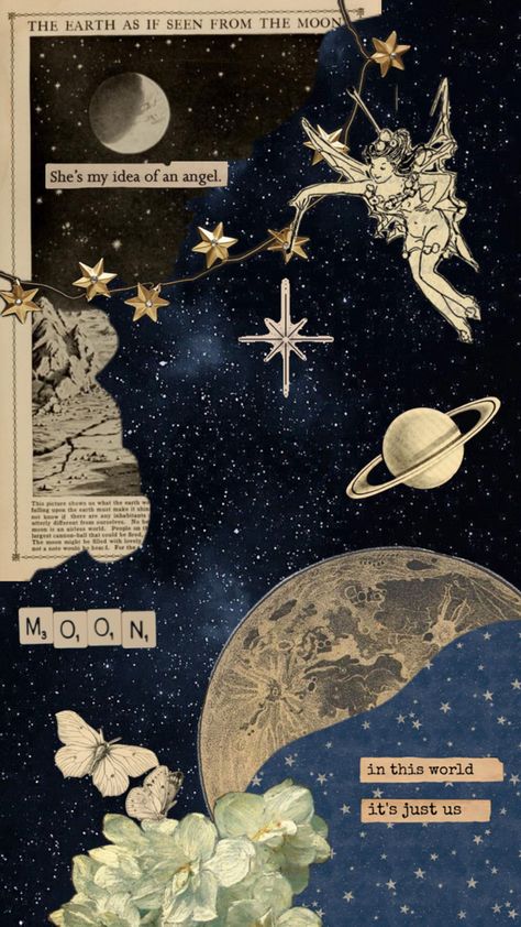 a collage made with whimsical feelings of the moon and the stars that surround her Night Sky Collage, Celestial Collage, Moon And Stars Aesthetic, Star Collage, Wall Pepar, Stars Collage, Cosmic Collage, Moon Collage, Space Collage