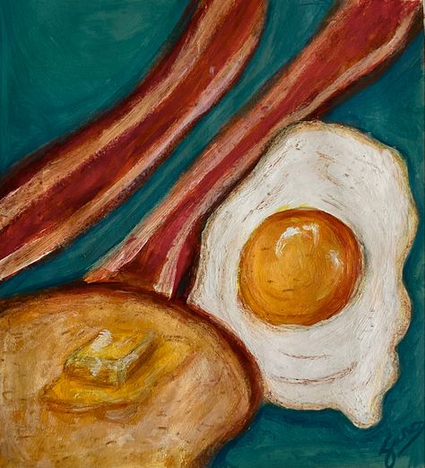 Acrylic painting of eggs,bacon and butter on toast, semi realism Bacon Painting, Butter On Toast, 2020 Bedroom, Beans On Toast, Semi Realism, Egg Toast, Egg Painting, On Toast, Bacon Egg