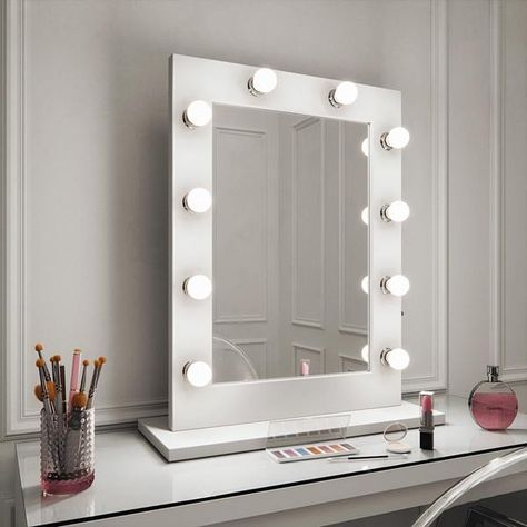 Dressing Table Mirror with Lights You Will Love Our Light Bulb Mirrors Ikea Dressing Table, Bedroom Luxury Design, Lighting Makeup, Hollywood Mirror With Lights, Lights Around Mirror, Makeup Bathroom, Bulb Mirror, Makeup Vanity Mirror With Lights, Mirror Lighting