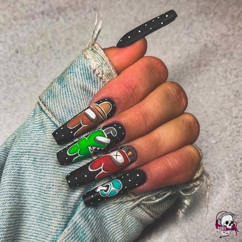 #nails #longnails #black #amongus #amongusnails #color #coffin #nailart #aurelnails Among Us Nails, Us Nails, Among Us, Convenience Store Products, Nail Art, Nails, Color, Black, Art