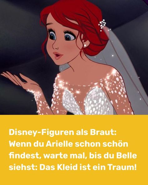 Hast du dich schon mal gefragt wie die Disney Figuren als Braut aussehen würden und dann noch schöne, moderne Kleider tragen würden? Eine Künstlerin zeigt es! Belle, Arielle und Co. in einem Hochzeitskleid. Aber du siehst auch tolle Zeichnungen, wie sie aussehen würden, wenn sie ein Baby hätten. Disney Love, Ariel, Pixar, Disney Princess, Disney Characters, Tv, Disney, Quick Saves