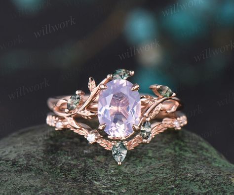 Vintage oval cut Lavender Amethyst engagement ring rose gold art deco cluster leaf nature inspired moss agate bridal wedding ring set women Enchanting Engagement Ring, Rainbow Wedding Rings, Elegant Wedding Amethyst Ring, Vintage Amethyst Wedding Ring With Intricate Design, Gold Amethyst Wedding Ring With Gemstone Accents, Fairytale Engagement Rings Silver, Fairycore Engagement Ring, Amethyst Crystal Wedding Ring With Gemstone Accents, Fantasy Rings Engagement