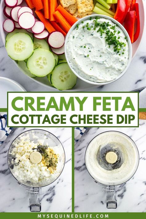 Feta cottage cheese dip being made in a food processor and in a bowl on a platter of vegetables and crackers. Cottage Cheese And Feta Dip, Bariatric Dip Recipes, Veggie Dip With Cottage Cheese, Cottage Cheese Dip For Veggies, Cottage Cheese Dips Healthy, Cottage Cheese Dressing Recipe, Cheese Dip For Veggies, Cottage Cheese Veggie Dip, Whipped Cottage Cheese Dip