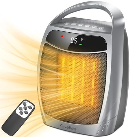 GiveBest Space Heater for Indoor Use, 1500W Portable Heater with Remote, 12H Timer, Eco Mode and Fan Mode, PTC Ceramic Fast Heating Safety Small Heater for Bedroom Office Room Indoor Use Desk Heater, Portable Space Heater, Small Heater, Basement Office, Garage Basement, Smart Thermostat, Room Heater, Electric Heaters, Digital Thermostat