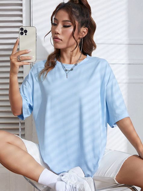 Baby Blue Casual Collar Half Sleeve Fabric Plain  Embellished Slight Stretch  Women Clothing Tattoo Merch, Dance Outfit, Drop Shoulder Tee, Bleu Pastel, Blue Tee, Loose Outfit, Tshirt Outfits, Long Sleeve Casual, Half Sleeve