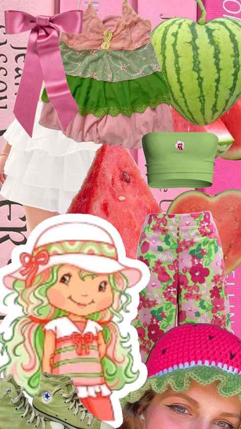 Watermelon Kiss Strawberry Shortcake Watermelon Kiss, Watermelon Kiss Strawberry Shortcake, Shortcake Aesthetic, Kida Disney, Strawberry Shortcake Outfits, Watermelon Outfit, Vintage Strawberry Shortcake Dolls, Kiss Costume, Kiss Outfits