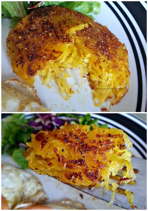 Squashbrowns - Spaghetti Squash Hash Browns - Low Carb Crispy Spaghetti Squash, Fried Spaghetti Squash, Spaghetti Squash Hashbrowns, Spaghetti Squash Recipes, Low Carb Sides, Keto Foods, Hash Browns, Paleo Breakfast, Squash Recipes