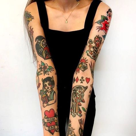 Color Arm Sleeve Tattoos For Women, Traditional Style Sleeve Tattoo, Coloured Traditional Tattoo, Forearm Tattoo Women American Traditional, Flash Tattoo Sleeve Women, Mismatched Tattoos, Full Color Sleeve Tattoos Women, Color Tattoo Sleeve Women, Tradional Tattoo Ideas For Women