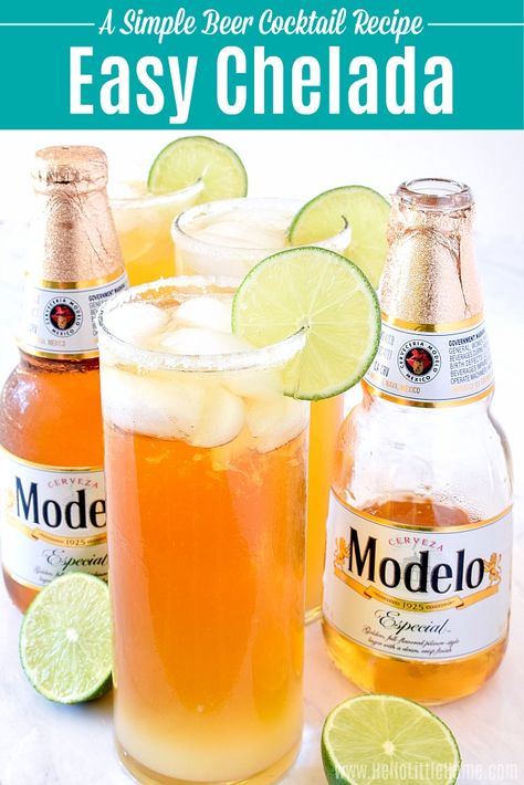 Learn how to make a Chelada! This easy Chelada recipe is a quick beer cocktail (beertail) that’s ready in minutes. Make this easy Mexican Beer Cocktail recipe with simple ingredients: beer, lime, and salt! This Chelada recipe is a light, citrusy, refreshing beer drink that’s perfect for summer parties or anytime you want an easy drink! | Hello Little Home #chelada #beer #beercocktail #mexicanfood #mexicandrink #mexicanbeercocktail #beerdrink #beertail #summercocktail #partyideas #partyfood Chelada Recipe Beer, Chelada Recipe, Beer Cocktail Recipes, Vegetarian Mexican Recipes, Mexican Beer, Easy Summer Cocktails, Mexican Drinks, Michelada, Vegan Mexican Recipes