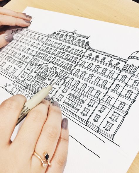 The Grand Budapest Hotel, Freehand Drawing, Drawing Architecture, Architectural Art, Watercolor Tutorial, Grand Budapest, Grand Budapest Hotel, Budapest Hotel, Watercolour Tutorials