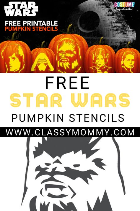 Free Star Wars Pumpkin Carving Stencil Patterns. FREE Printable pumpkin carving templates with your favorite intergalactic characters! #printablepumpkinpatterns #starwars #pumpkintemplates Star Wars Pumpkin Carving Templates, Pumpkin Carving Patterns Printable, Star Wars Pumpkin Carving, Printable Pumpkin Patterns, Star Wars Pumpkin, Kids Pumpkin Carving, Disney Pumpkin Carving Templates, Pumpkin Carving Stencils Templates, Free Pumpkin Carving Patterns