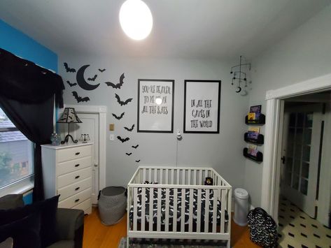 Goth bat baby nursery baby room Nbc Nursery, Goth Baby Nursery, Goth Nursery, Gothic Baby Nursery, Batman Nursery, Gothic Nursery, Mini People, Gothic Baby, Baby Nursery Diy