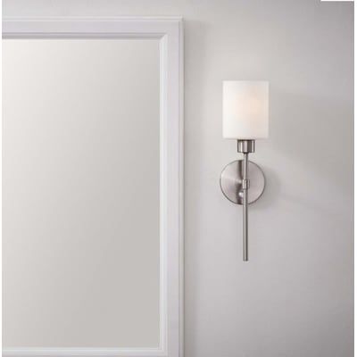 allen + roth Donaham 5.94-in W 1-Light Brushed Nickel Transitional Wall Sconce in the Wall Sconces department at Lowes.com Bathroom Wall Sconces Double Vanity, Bathroom Remodel 2023, Sconces Living Room, Allen Roth, Indirect Lighting, Transitional Wall Sconces, Built In Desk, Bathroom Wall Sconces, Wall Plug