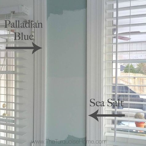 Benjamin Moore Palladian Blue vs. Sherwin Williams Sea Salt - I think I like the Sea Salt for our bathroom Palladian Blue Benjamin Moore, Sherwin Williams Sea Salt, Palladian Blue, Sea Salt Sherwin Williams, Interior Paint Colors Schemes, Desain Pantry, Perfect Paint Color, Paint Color Schemes, Blue Paint Colors